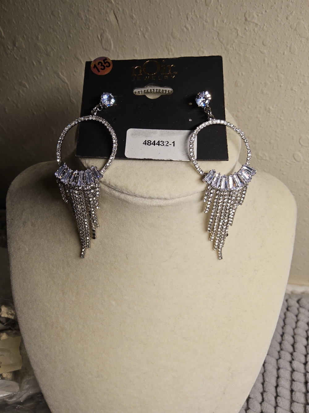 NWOT nOir Jewelry Silvertone Crystal Fringe Hoop Tassel Earrings
